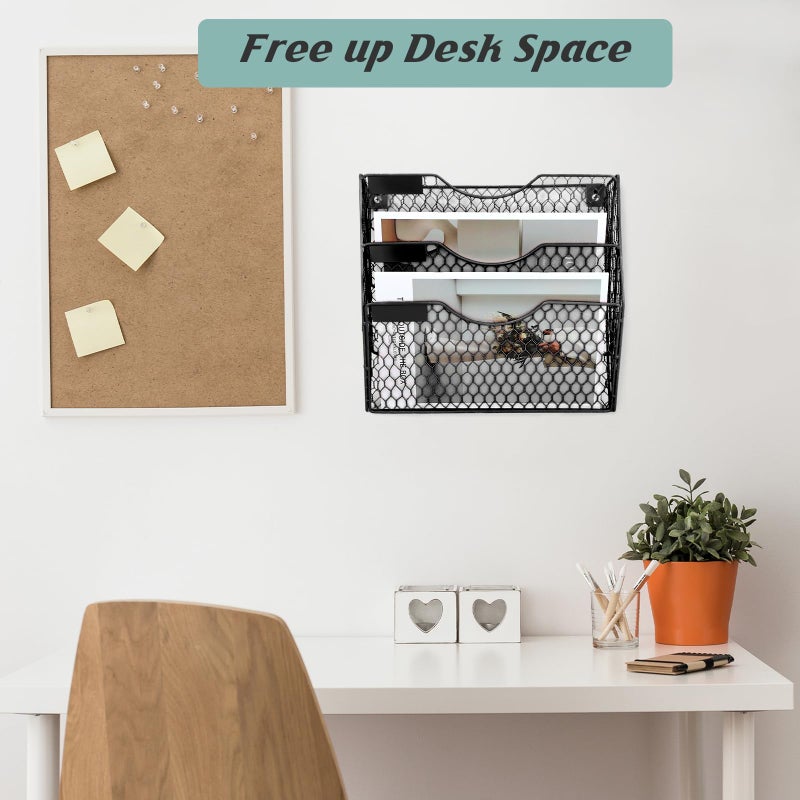 EASEPRES Mail Organizer Wall Mount Hanging File Holder Storage, Metal Chicken Wire Magazine Rack 3 Tier, Black - Image 4